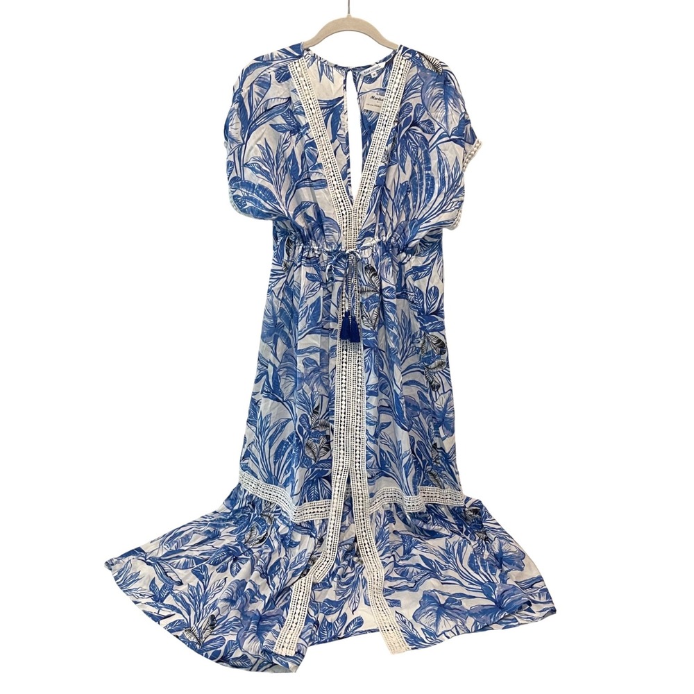 Blue Island Tropical Maxi Cover Up Wmns M Blue White Coastal Crochet Lace Trim - Picture 4 of 9
